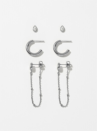Chain, hoop and crystal trio earrings Set of 3