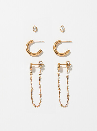 Les boucles d'oreilles trio cha&icirc;ne, anneaux et cristaux Ensemble de 3