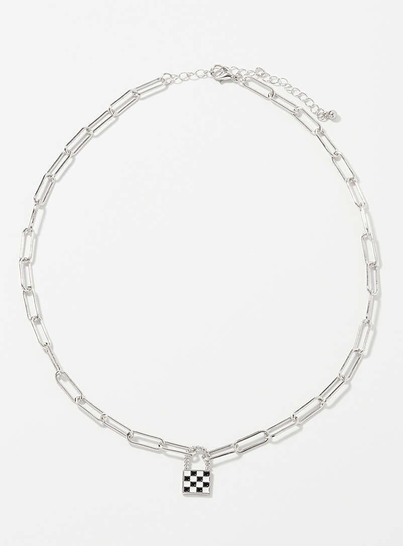 Simons Silver Check padlock necklace for women