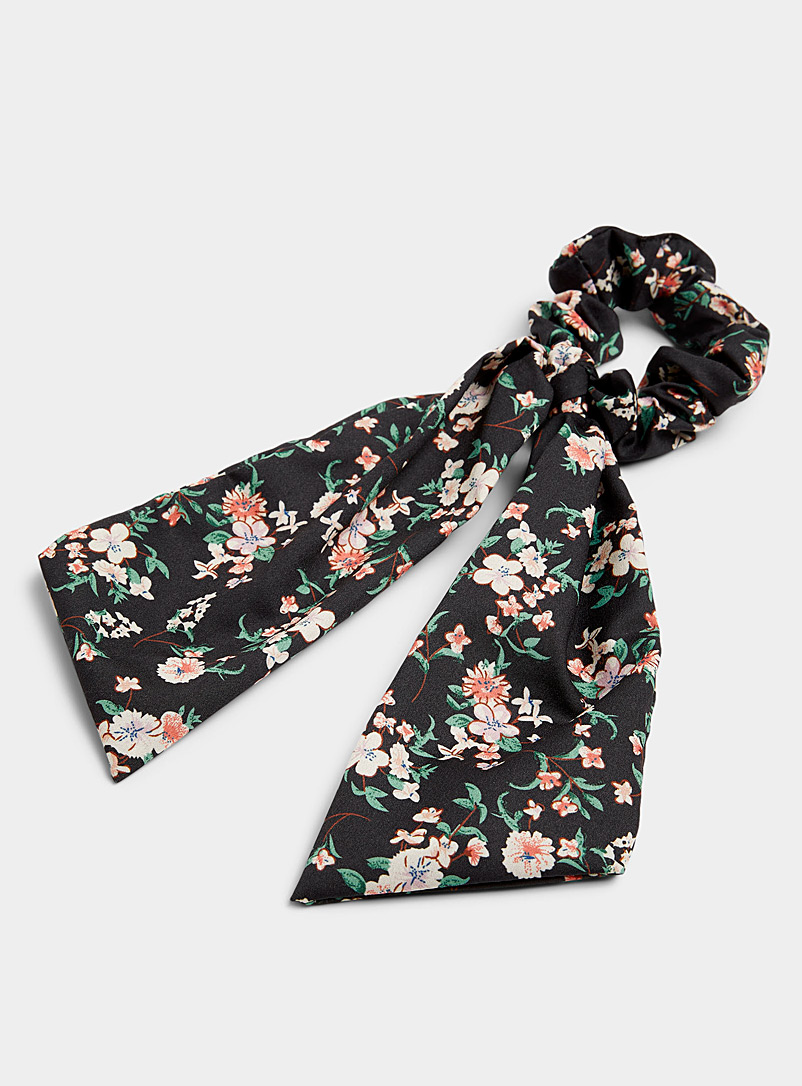 Simons Patterned Black Soft blossom scarf scrunchie for women