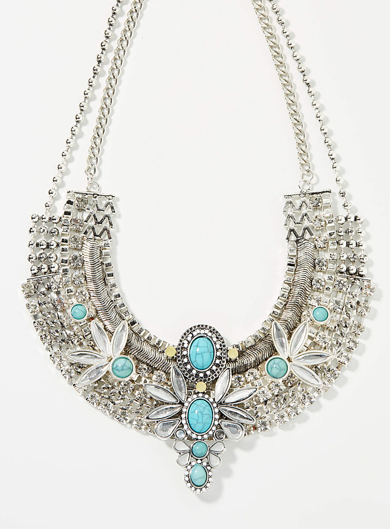 Simons Silver Turquoises and flowers chunky necklace for women