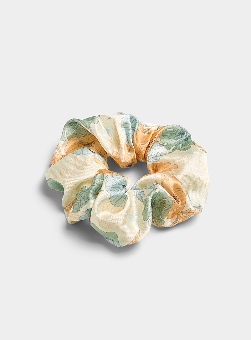 Simons Patterned Green Drawn flower satiny scrunchie for women