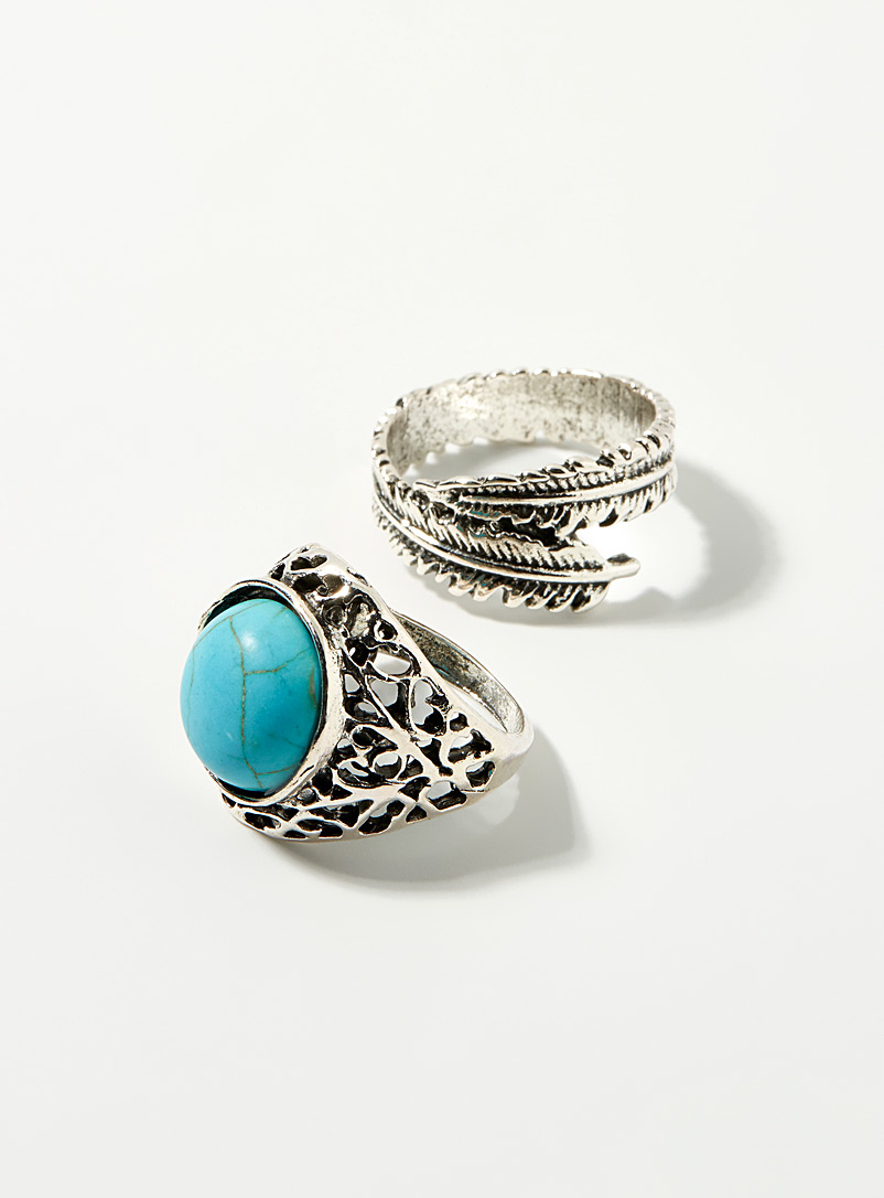 Simons Silver Feather and turquoise rings Set of 2 for women