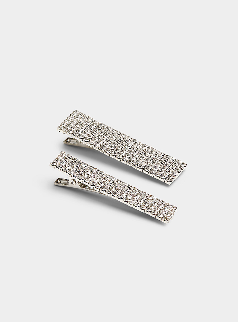 Simons Silver Shimmery rectangular barrettes Set of 2 for women