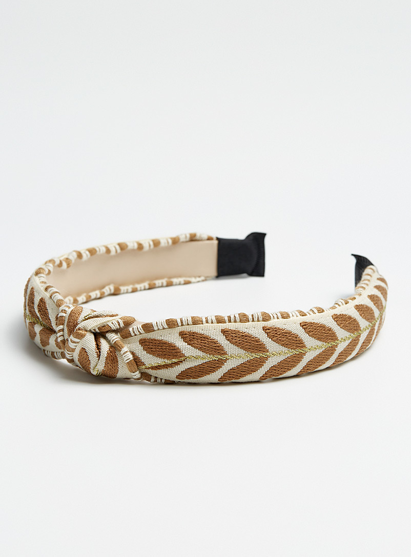 Simons Patterned Brown Contrast leaf knotted headband for women