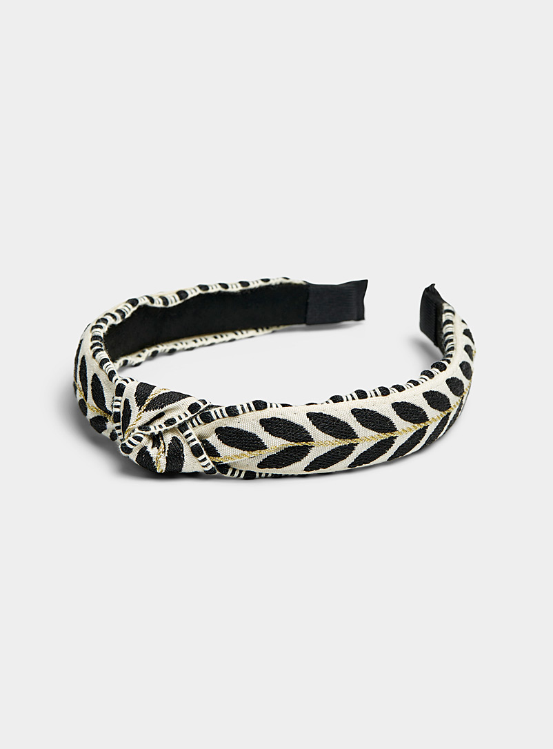 Simons Patterned Black Contrast leaf knotted headband for women