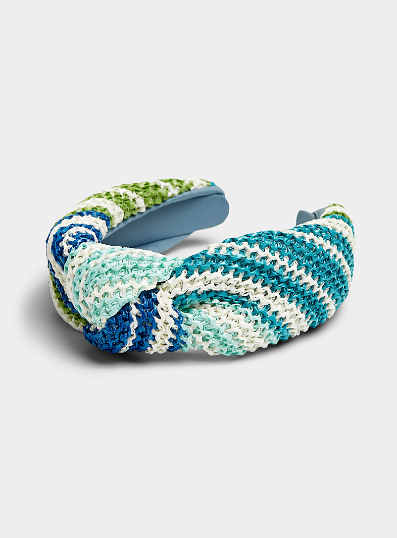 Simons Patterned Blue Colourful stripe wide knot braided headband for women