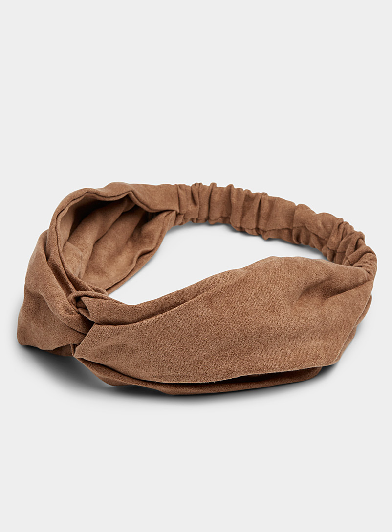 Simons Light Brown Faux-suede knotted headband for women