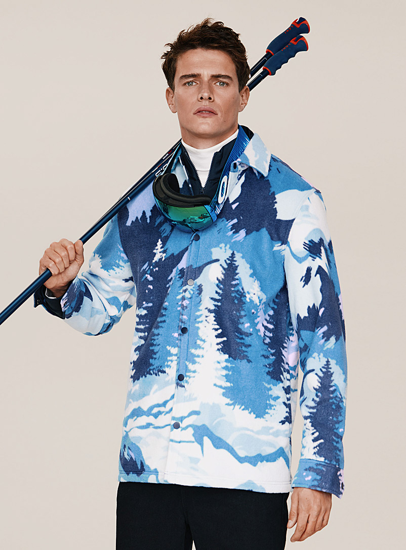 Le 31 Blue Printed polar fleece overshirt for men