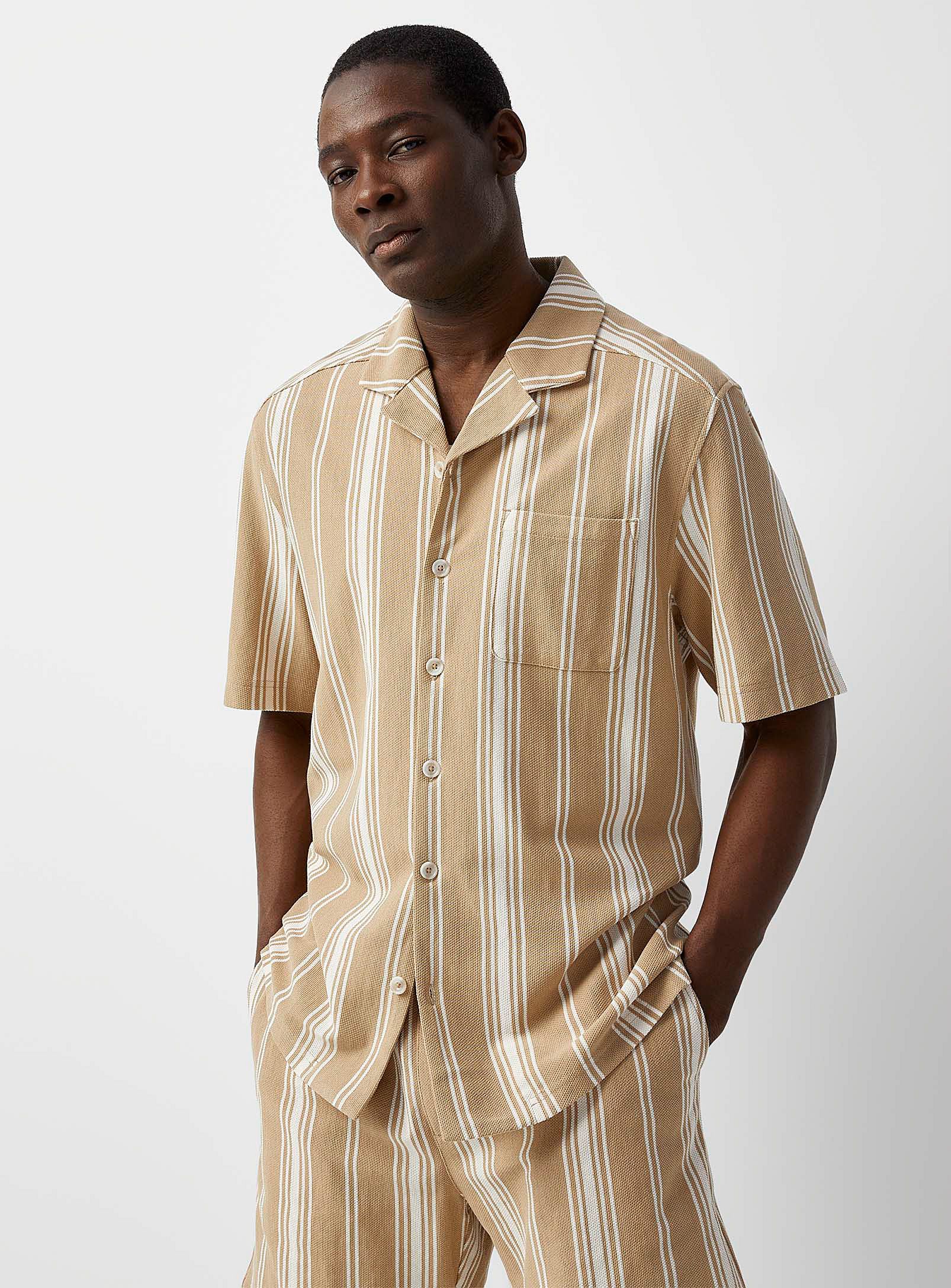Le 31 Striped Piqué Cabana Shirt Comfort Fit In Ivory/cream Beige