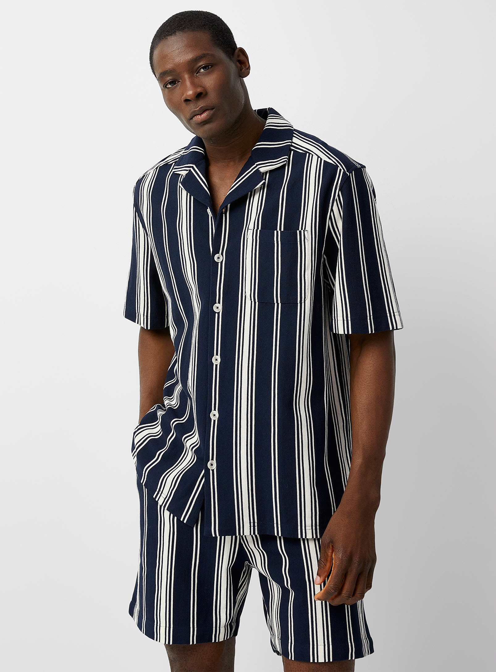 Le 31 Striped Piqué Camp Shirt Comfort Fit In Blue