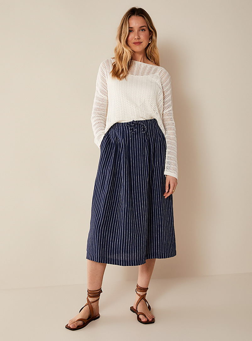 NAÏF Navy/Midnight Blue Lia striped pure linen skirt for women