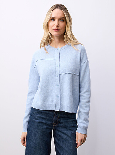 NA&Iuml;F: Le cardigan coutures invers&eacute;es pure laine m&eacute;rinos Titus Bleu p&acirc;le - Bleu ciel pour femme