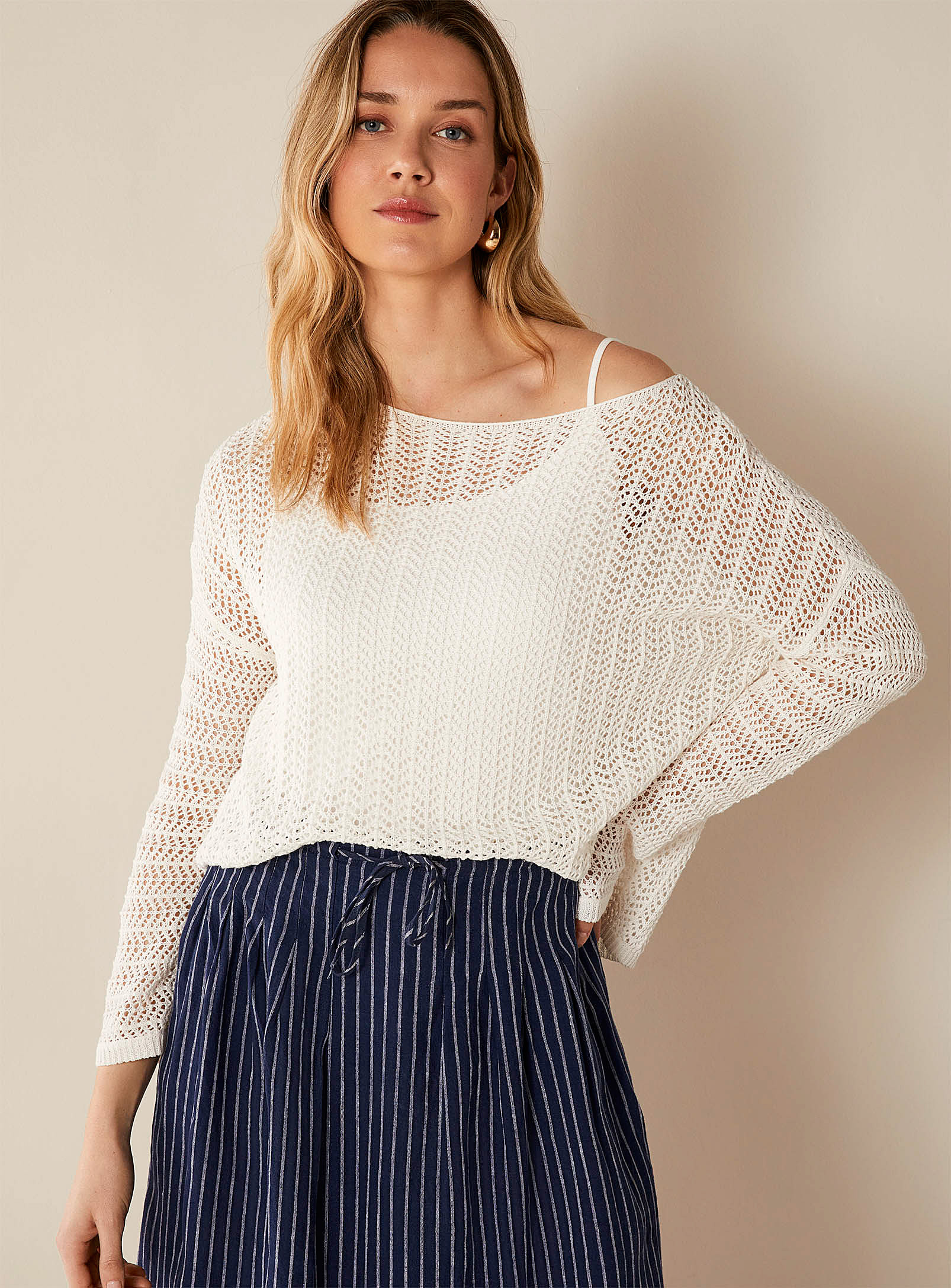 Naif Agnes Loose Openwork Cotton-linen Sweater In Ivory White