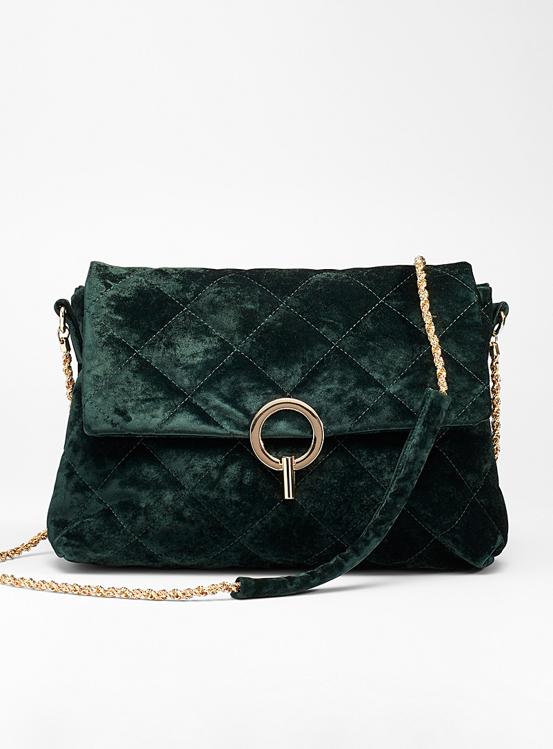 Simons Mossy Green Quilted velvet flap bag for women