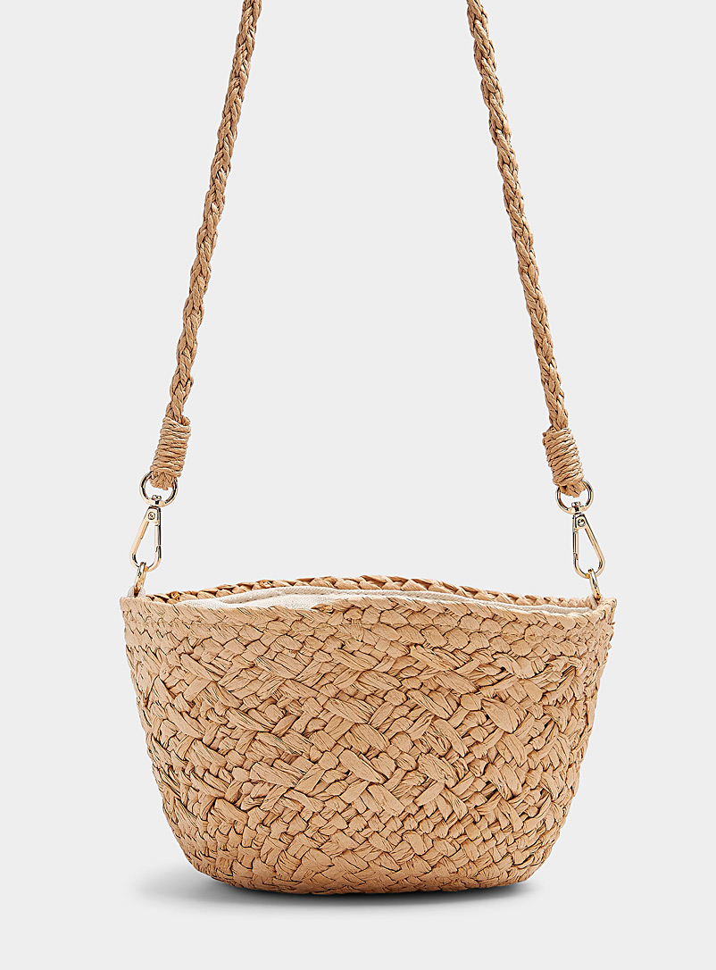Simons Cream Beige Braided straw bucket bag for women