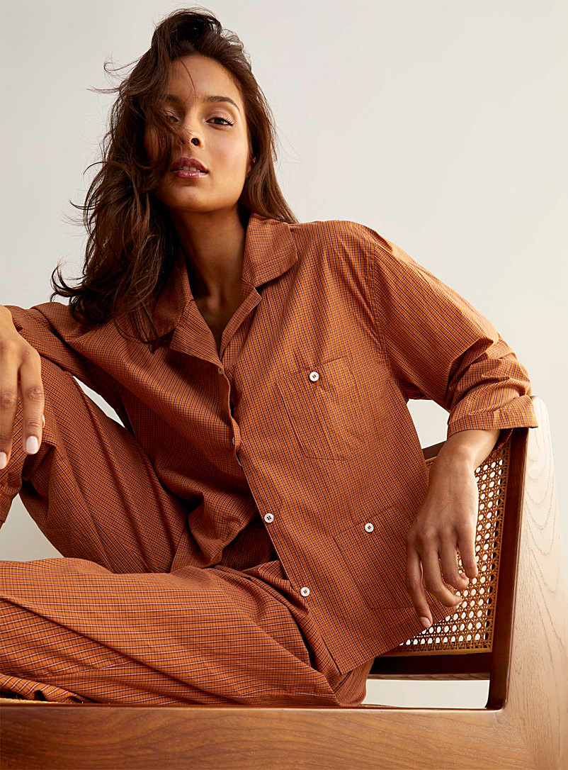 Deiji Studios Dark Orange Double-pocket fawn check pyjama set for women