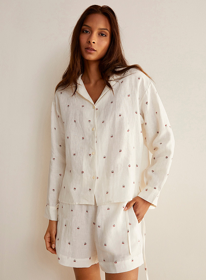 Deiji Studios: La chemise de nuit fleurs pur lin Blanc à motifs pour femme