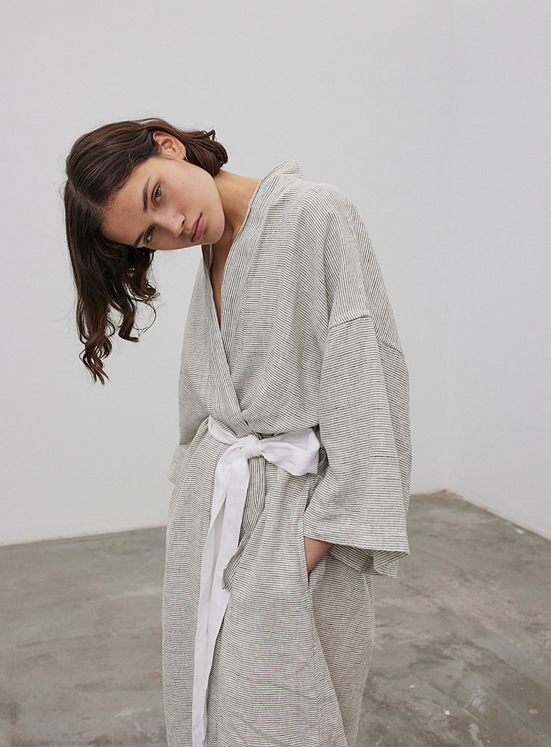 Deiji Studios Patterned Grey Pinstripe linen robe for women