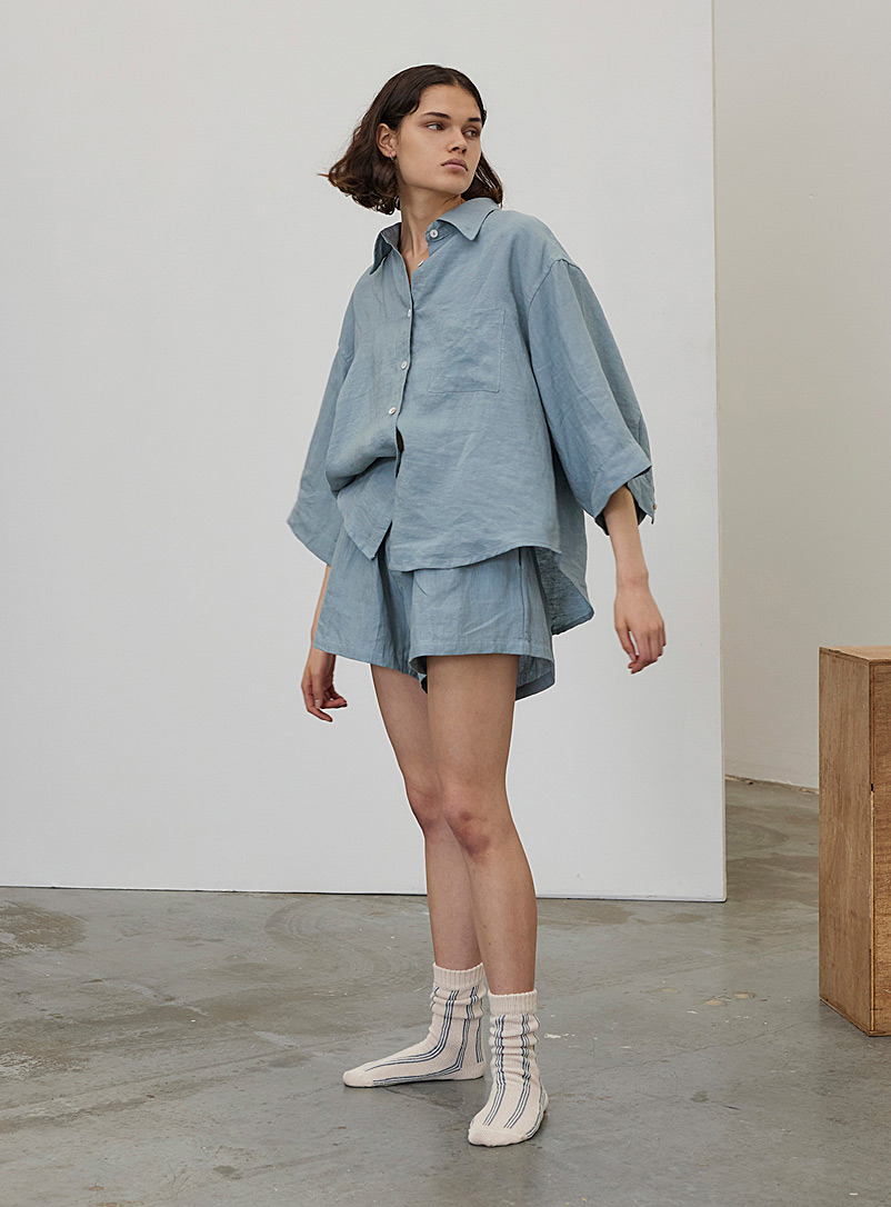 Deiji Studios Slate Blue Ash blue cropped linen pyjama set for women