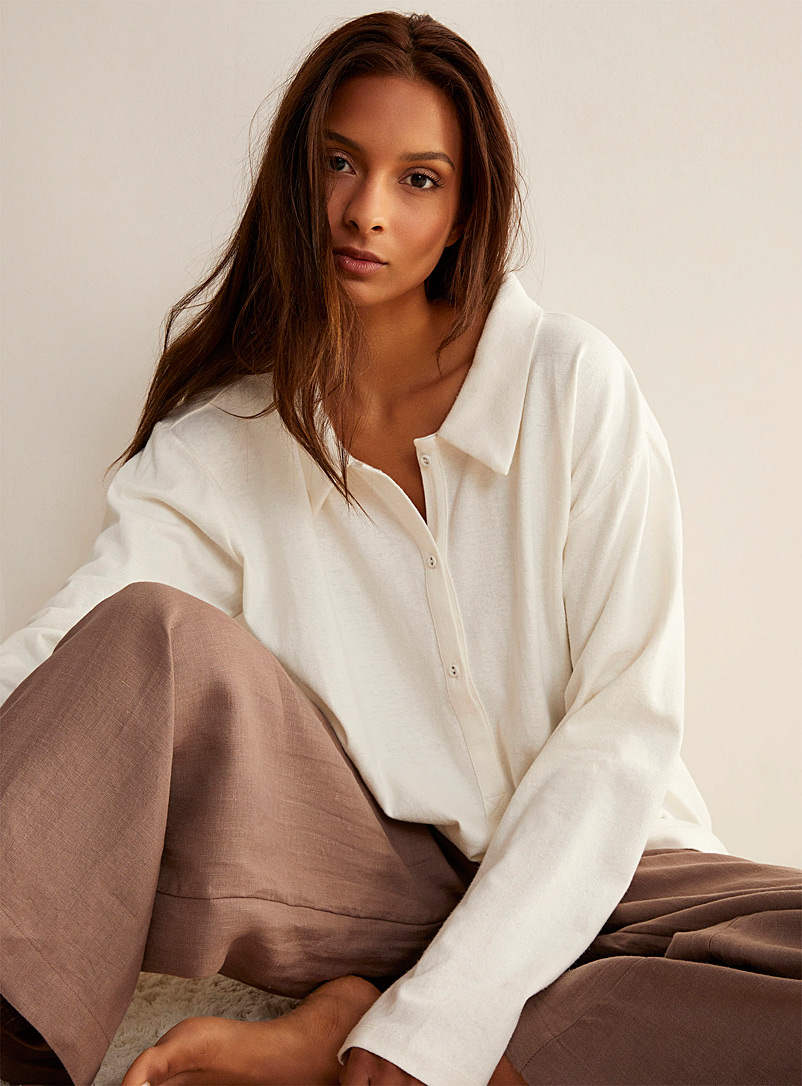 Deiji Studios Ivory White White linen lounge blouse for women