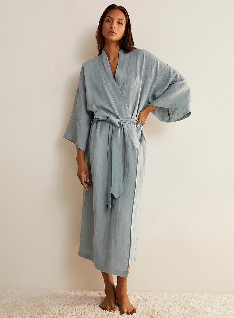 Deiji Studios Slate Blue Navy linen robe for women