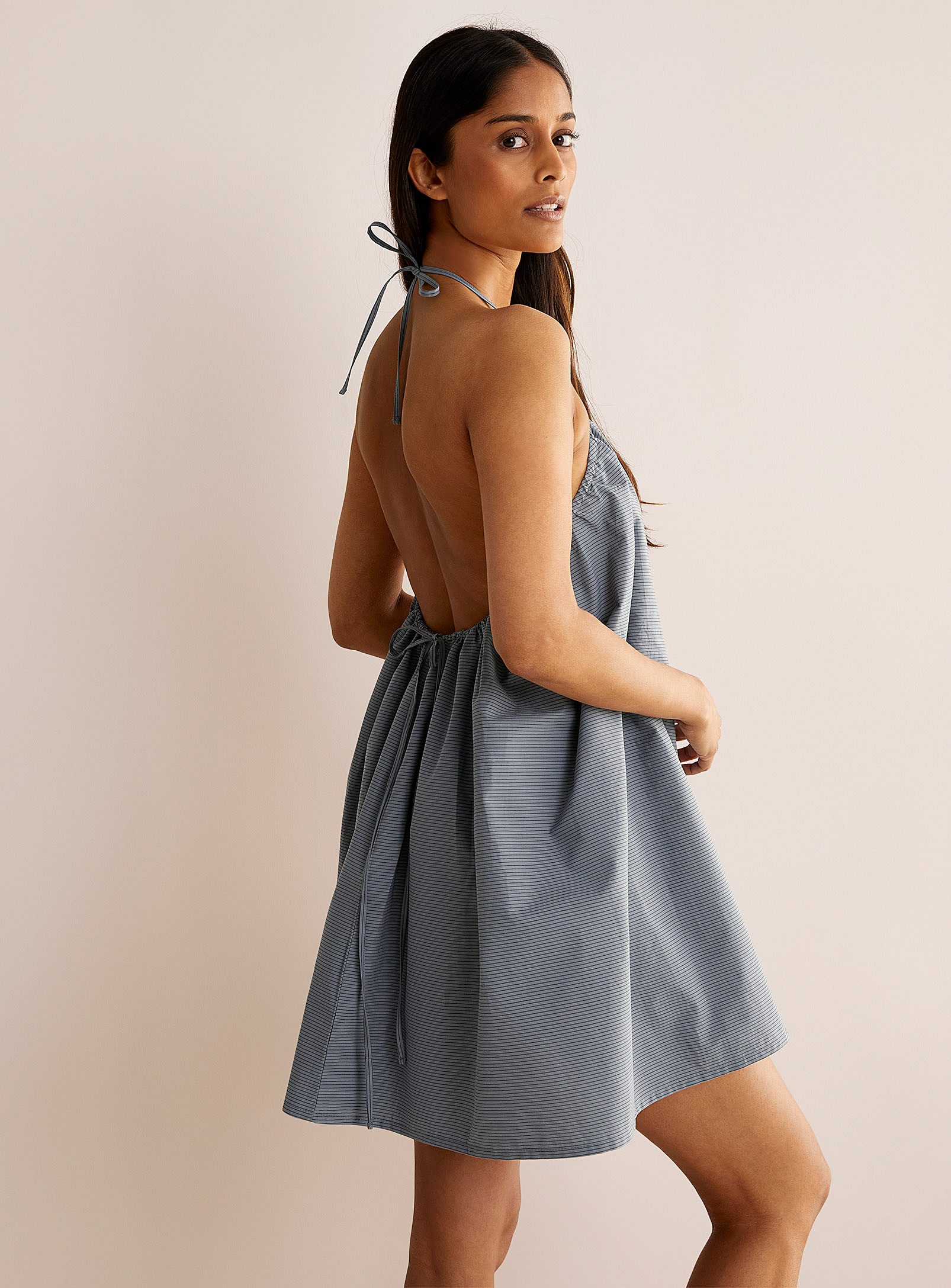 Deiji Studios - Women's Fine stripe halter lounge dress