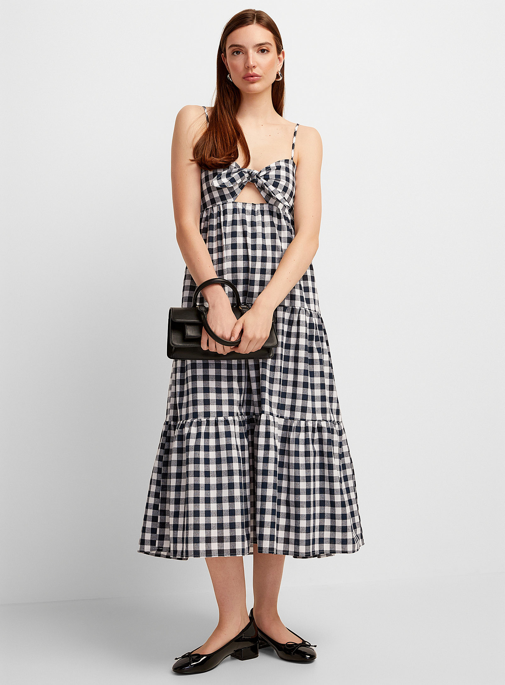 Nana The Brand Tie Bustier Flared Gingham Dress In Black And White