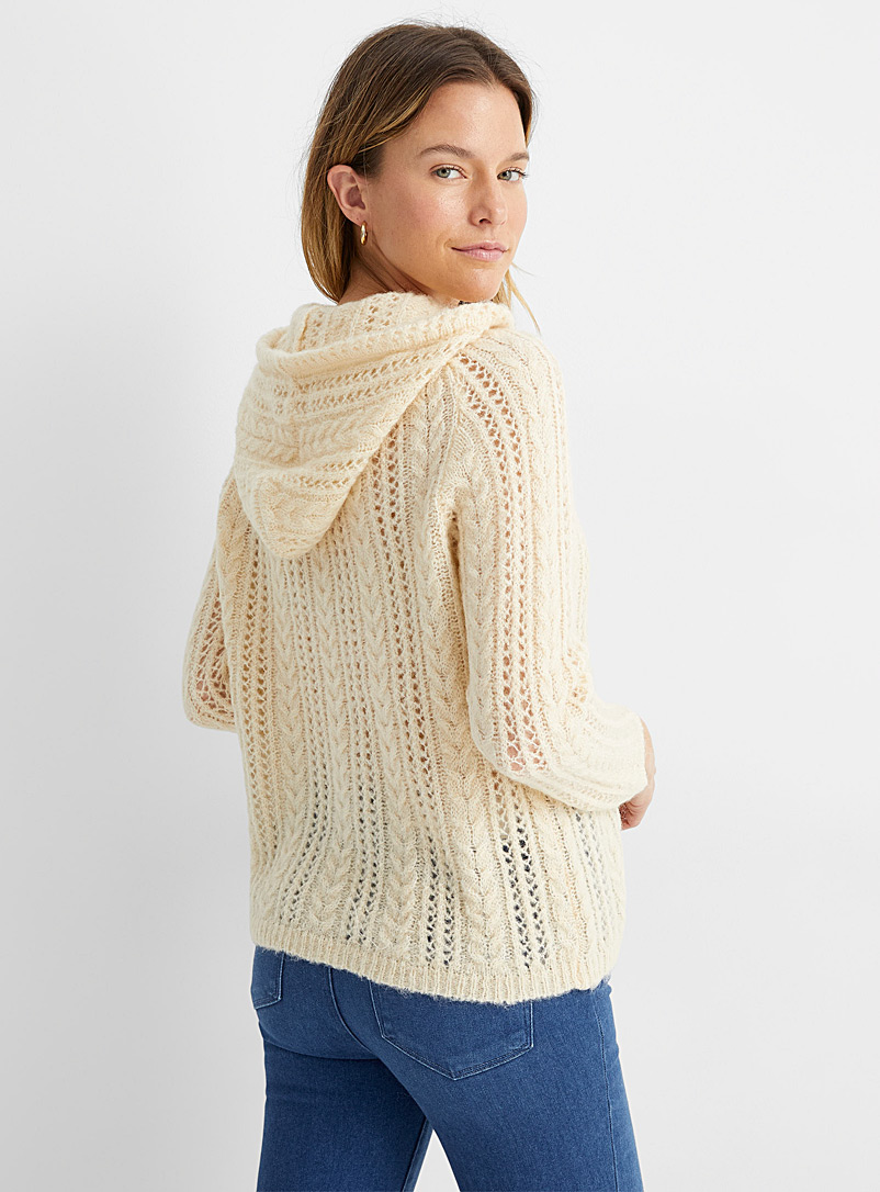 Contemporaine Sand Openwork cables hooded sweater for women