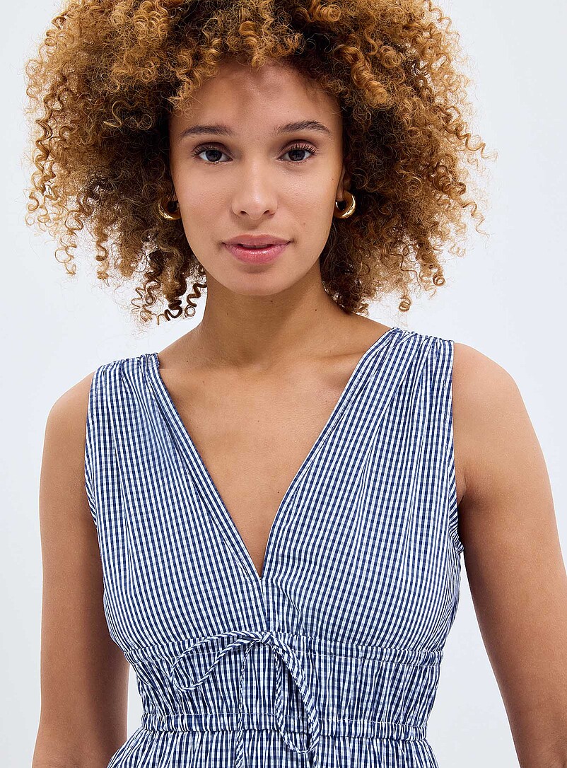 Grace & Mila Navy/Midnight Blue Navy blue checkers ruched waist dress for women