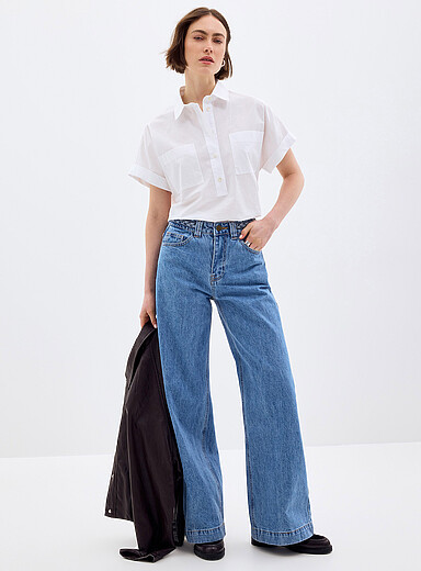 Grace & Mila Blue Jaden braided-waist jean <b>Fit: Wide leg, mid rise</b> for women