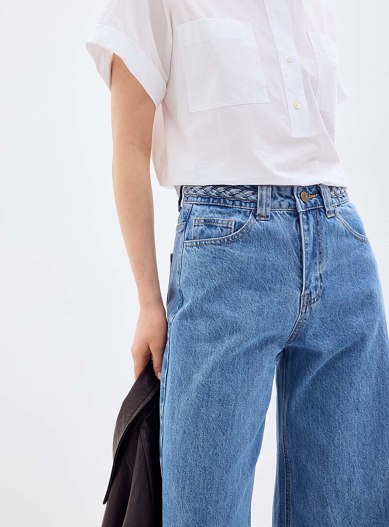 Grace & Mila Blue Jaden braided-waist jean <b>Fit: Wide leg, mid rise</b> for women