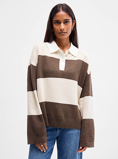 Grace & Mila Patterned Ecru Astre neutral rugby stripes polo shirt for women