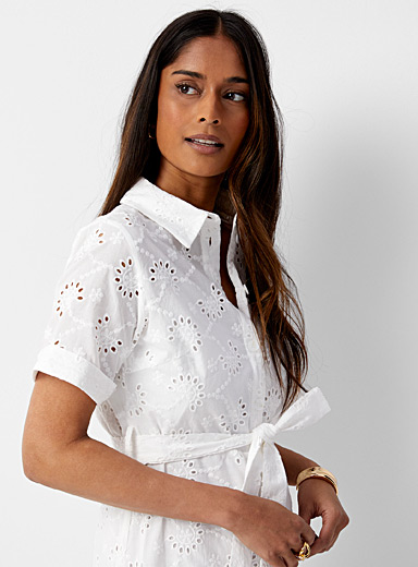 Contemporaine Ivory White Floral embroidery shirtdress for women