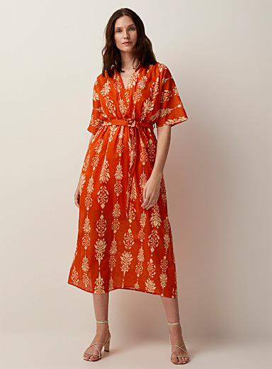 Contemporaine Tangerine Medallion feathers belted dress for women