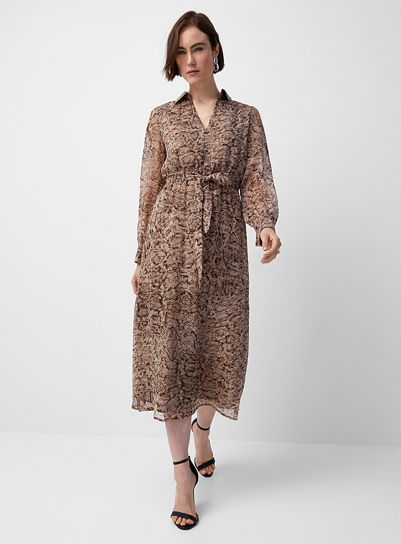 Grace & Mila Patterned Brown Snake pattern belted chiffon dress for women