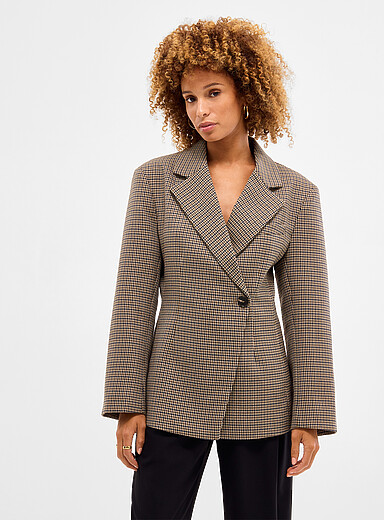 Grace & Mila: Le veston pied-de-poule asym&eacute;trique Almond Brun &agrave; motifs pour femme