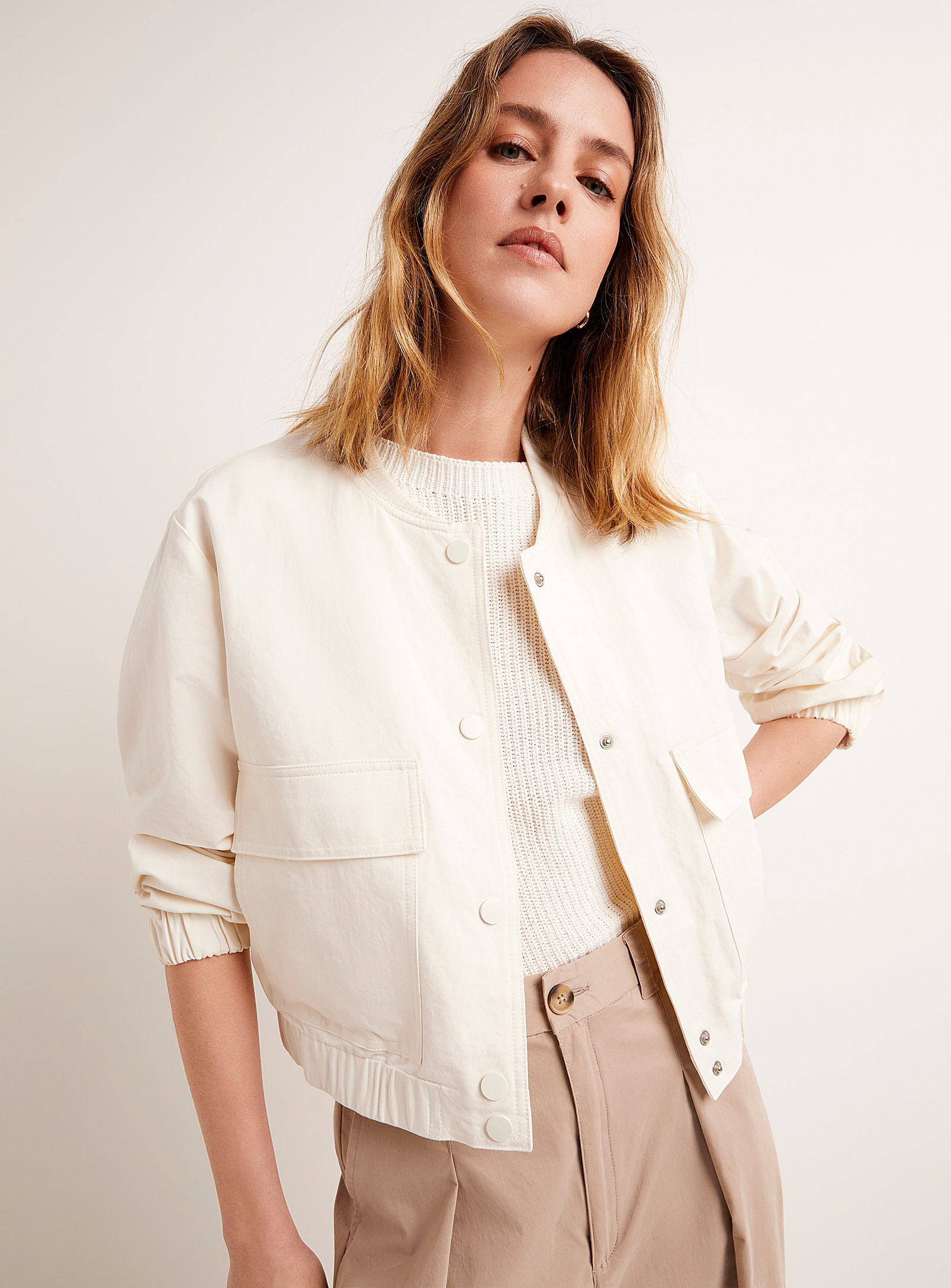 Grace & Mila Flap Pockets Structured Bomber Jacket In Off White