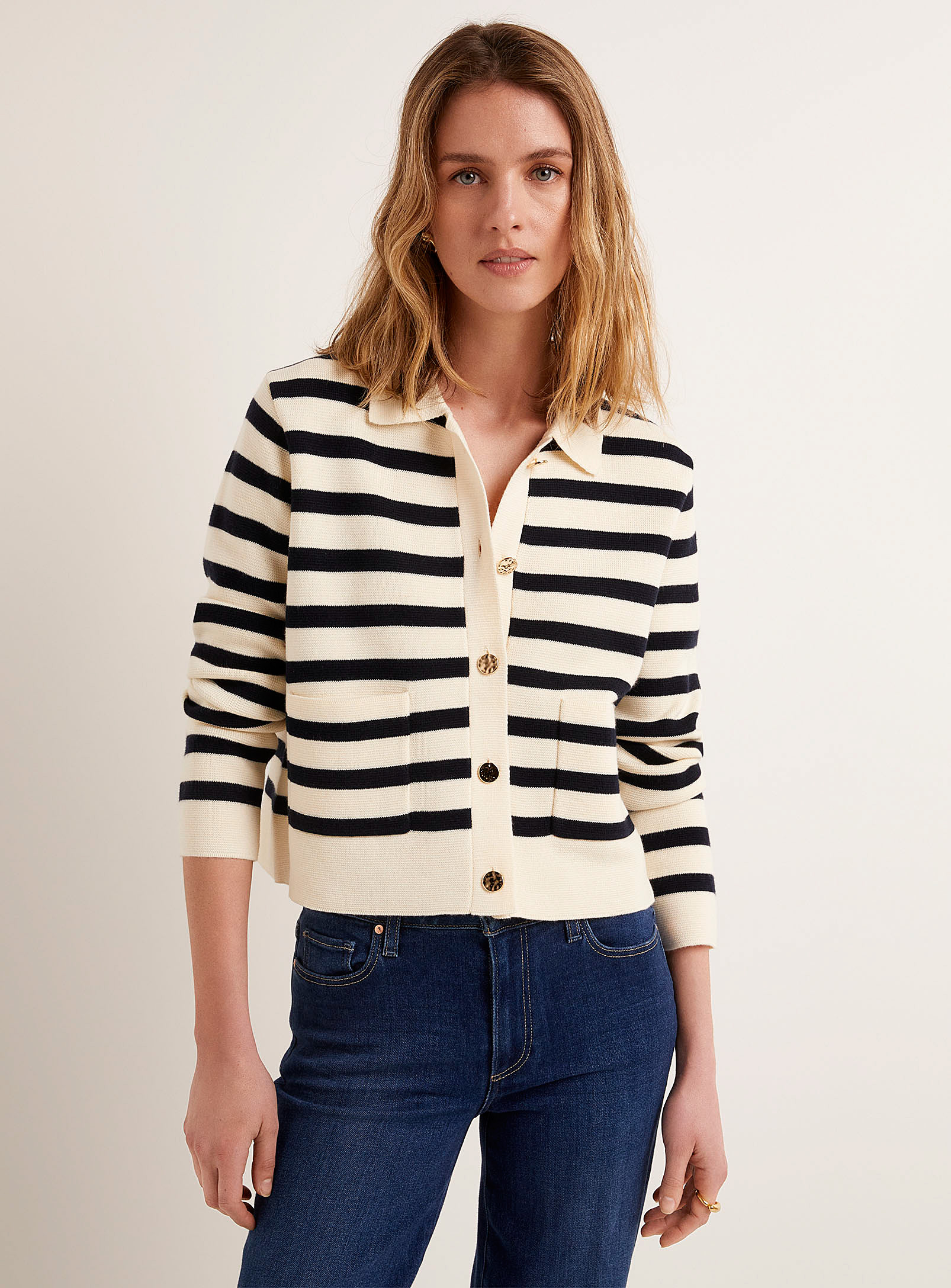 Contemporaine - Women's Golden buttons striped Cardigan Sweater
