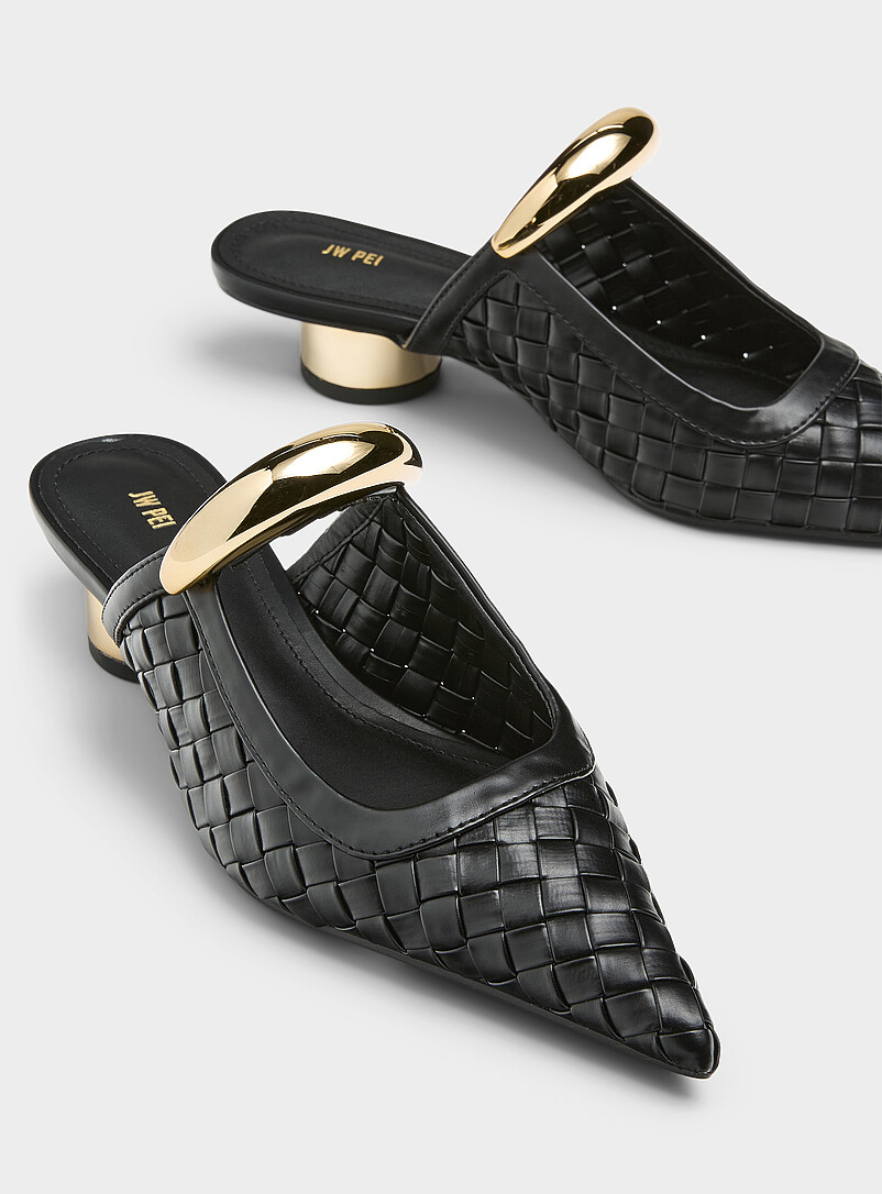 JW PEI: La mule natt&eacute;e accents dor&eacute;s Helena Noir pour femme