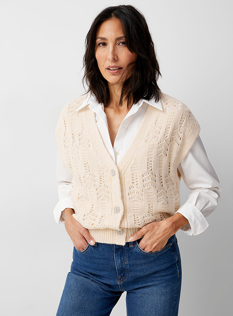 Contemporaine Ivory White Loose openwork jewel-button sweater vest for women