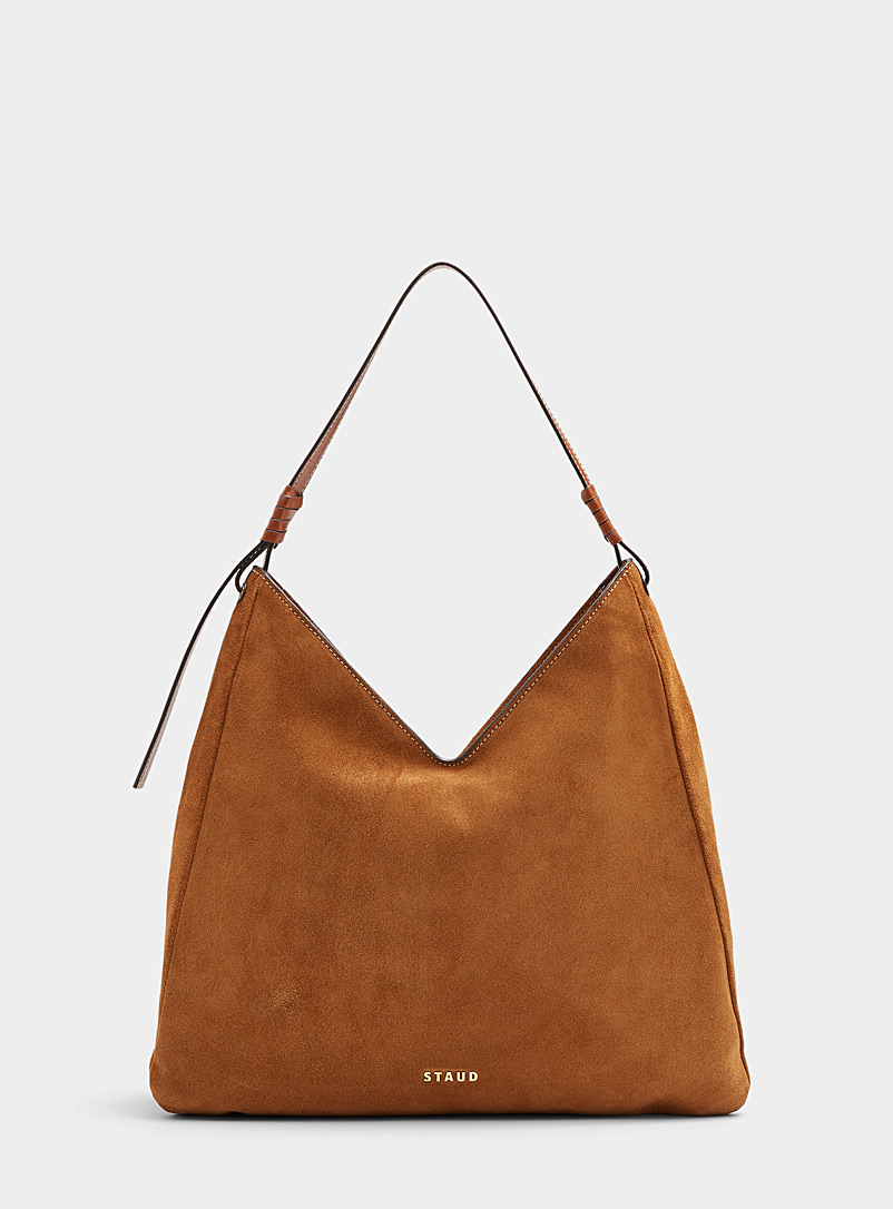 STAUD Brown Valerie V cutout suede bag for women