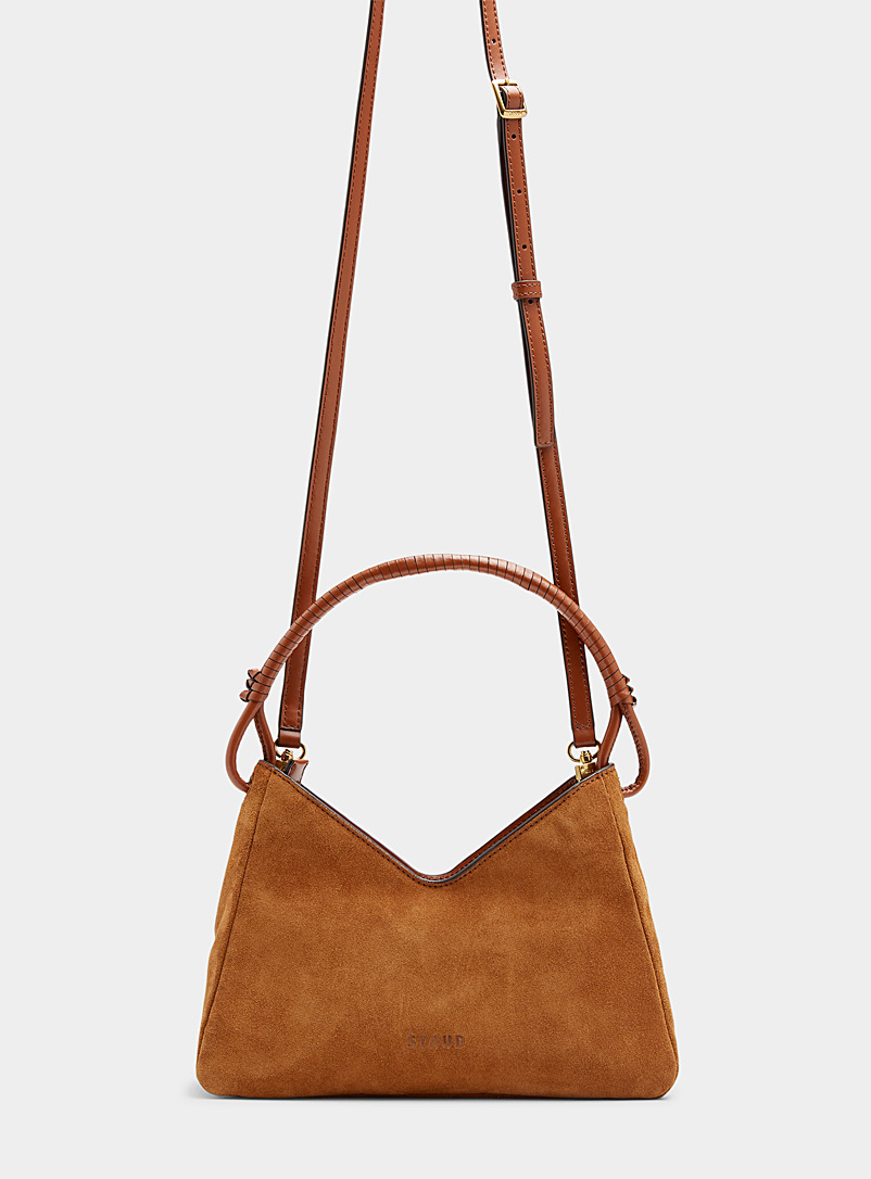 STAUD Brown Valerie V cutout small suede bag for women
