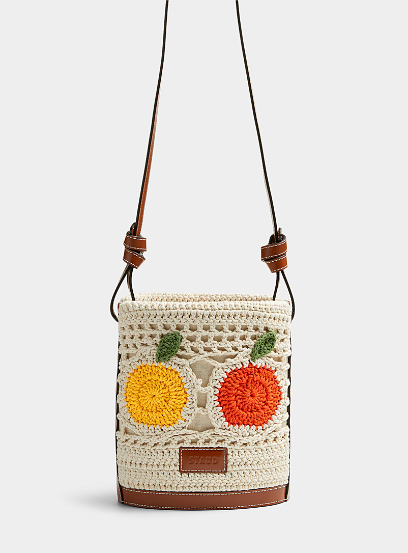STAUD Patterned Brown Anita fruity crochet bucket bag for women