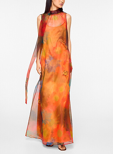 STAUD Patterned Orange Albee long floral organza dress for women