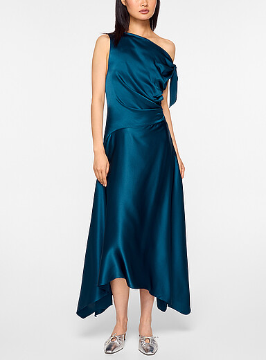 STAUD Teal Portia off-the-shoulder silk dress for women