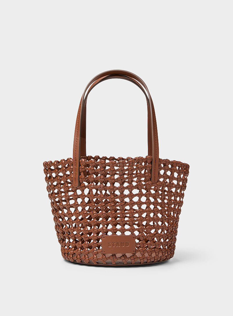 Caro Small Openwork Woven Leather Bucket Bag