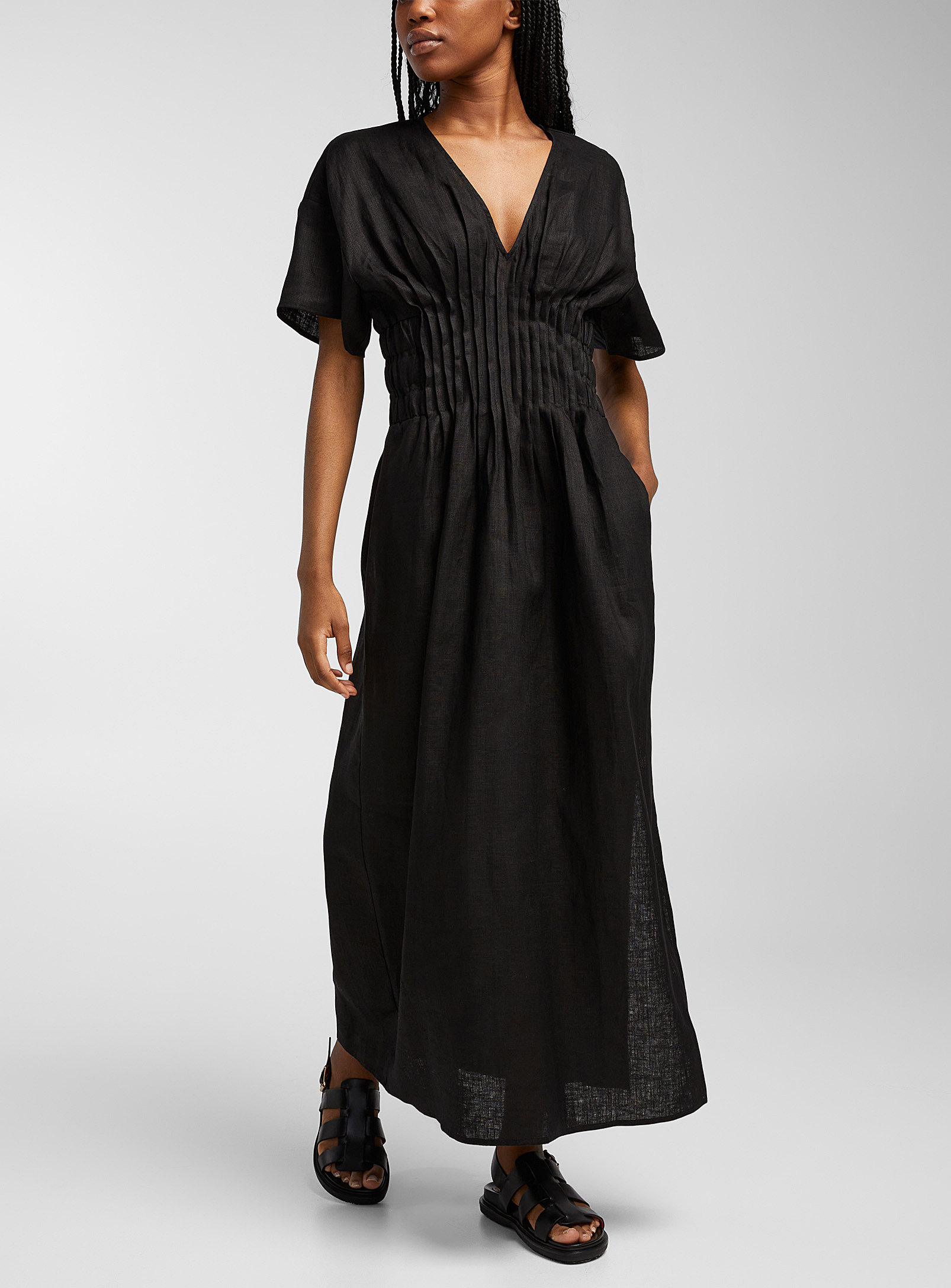 Shop Staud Lauretta Linen Dress In Black