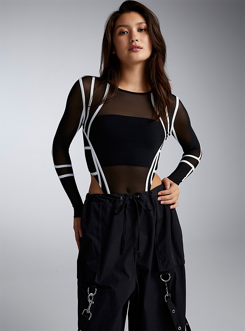 Twik Black Contrasting seams mesh bodysuit for women