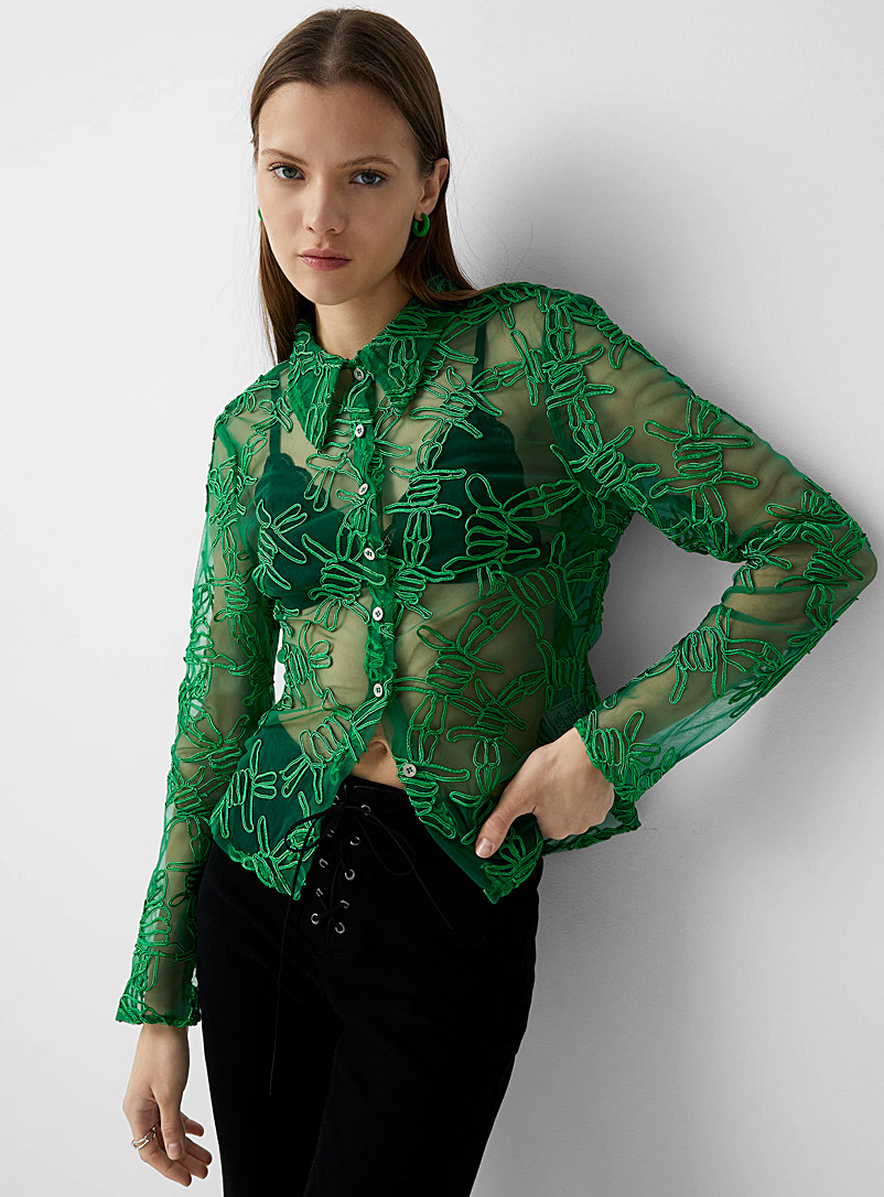 House Of Sunny Patterned Green Barbed wires organza shirt for women